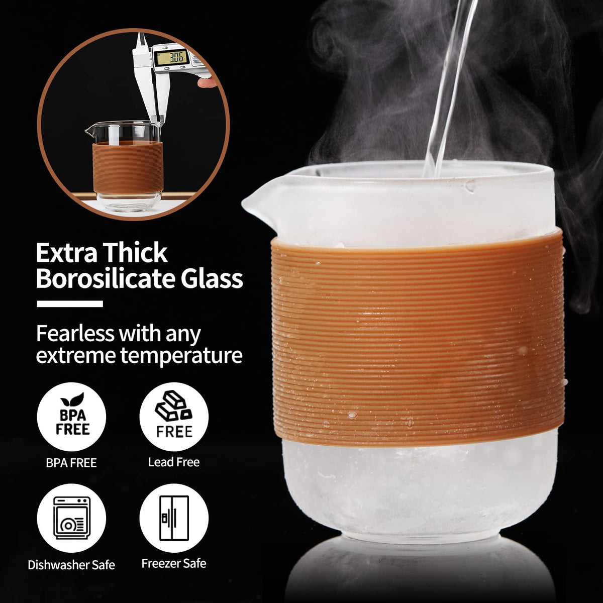 DOPUDO Glass Teacup Infuser Set, Portable Glass Tea Pot with 1 Strainer, 2 Cups, 1 Master Mug, Clear Borosilicate Glass, 5.1 oz Capacity, Brown