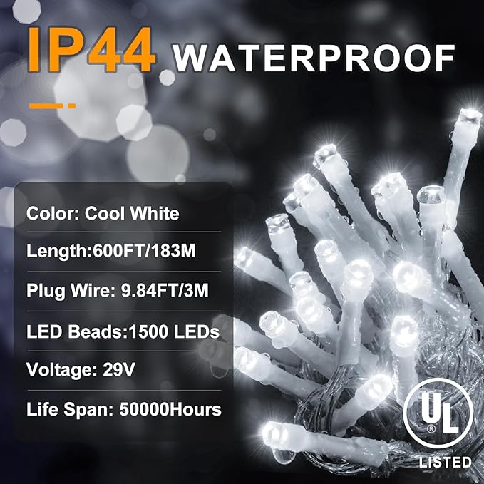 KNONEW 600ft 1500 LED String Lights Outdoor Christmas Lights 8 Modes & Timer Fairy Light Plug in Waterproof LED String Lights for Xmas Yard Tree Wedding Party Holiday Decorations (Cool White)