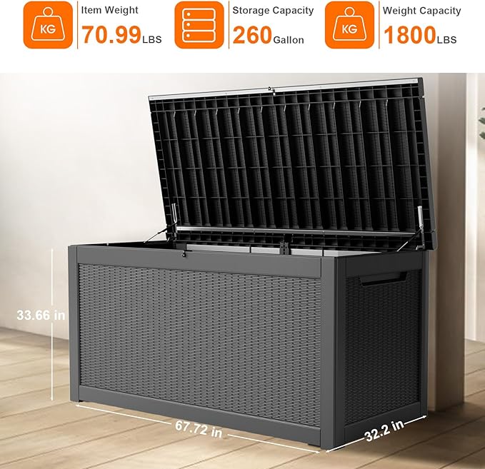 260 Gallon Resin Deck Box, Lockable Patio Outdoor Storage Box for Furniture, Garden Tools and Tools Storage, Waterproof Outside Storage Boxes - Black