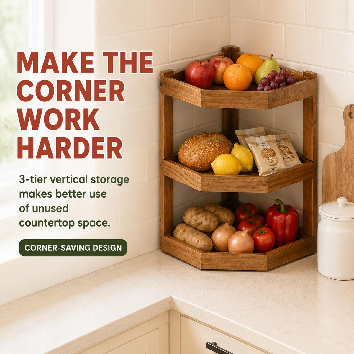 3-Tier Fruit Basket for Kitchen Counter, Corner Wood Stand, Removable Tray