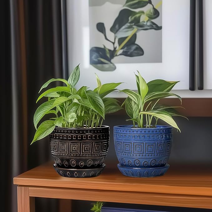 G EPGardening Ceramic Plant Pot - 5.5 Inch Ceramic Planter for Indoor Plants, Boho Round Indoor Flower Pot with Drainage Hole and Saucer, Plant Lover Gifts, Garden Home Room Decor, Black