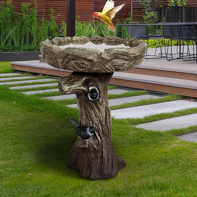 SKYFIRE 23” Tall Fibre Reinforced Concrete Birdbaths with Birds for Patio, Woodland Tree Trunk Decorative Outdoor Bird Bath for Garden，Pedestal Birdbaths for Outdoors, Garden, Patio, Lawn, Backyard