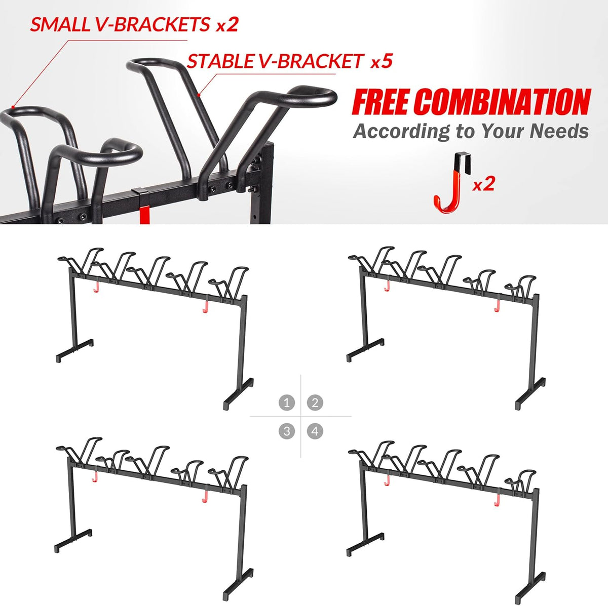 5 Bikes Floor Stand, Adjustable Bicycle Parking Rack with Hook for Garage, Indoor, Outdoor, Free Combination Bike Storage Cycle Rack for Mountain, Road and Kids Bikes, Max Tire Width 2.5”