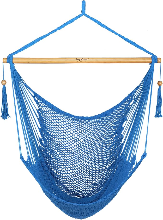 JoyView Hammock Chair with Spreader Bar Caribbean Hammock Swing Chair 300 LBS Weight Capacity XL Rope Hanging Chair for Outdoor Indoor Garden Yard - Light Blue