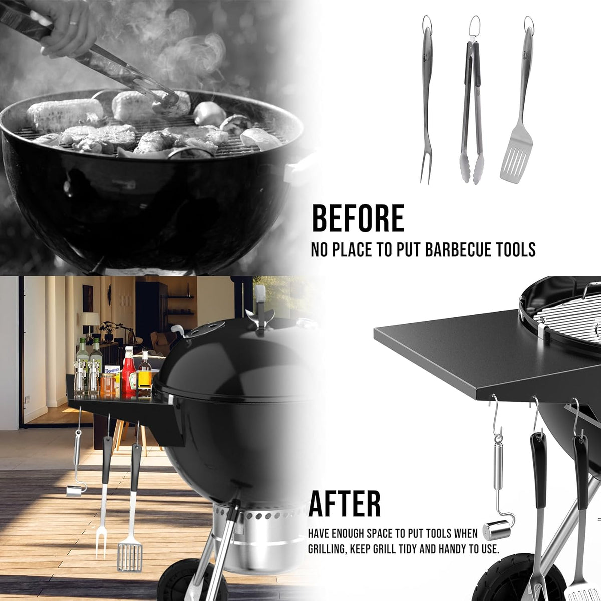 Charkettle Grill Table Shelf Compatible with Weber 22 Inches Kettle Grills, Outdoor Charcoal Grill Side Table BBQ Accessories with Hooks