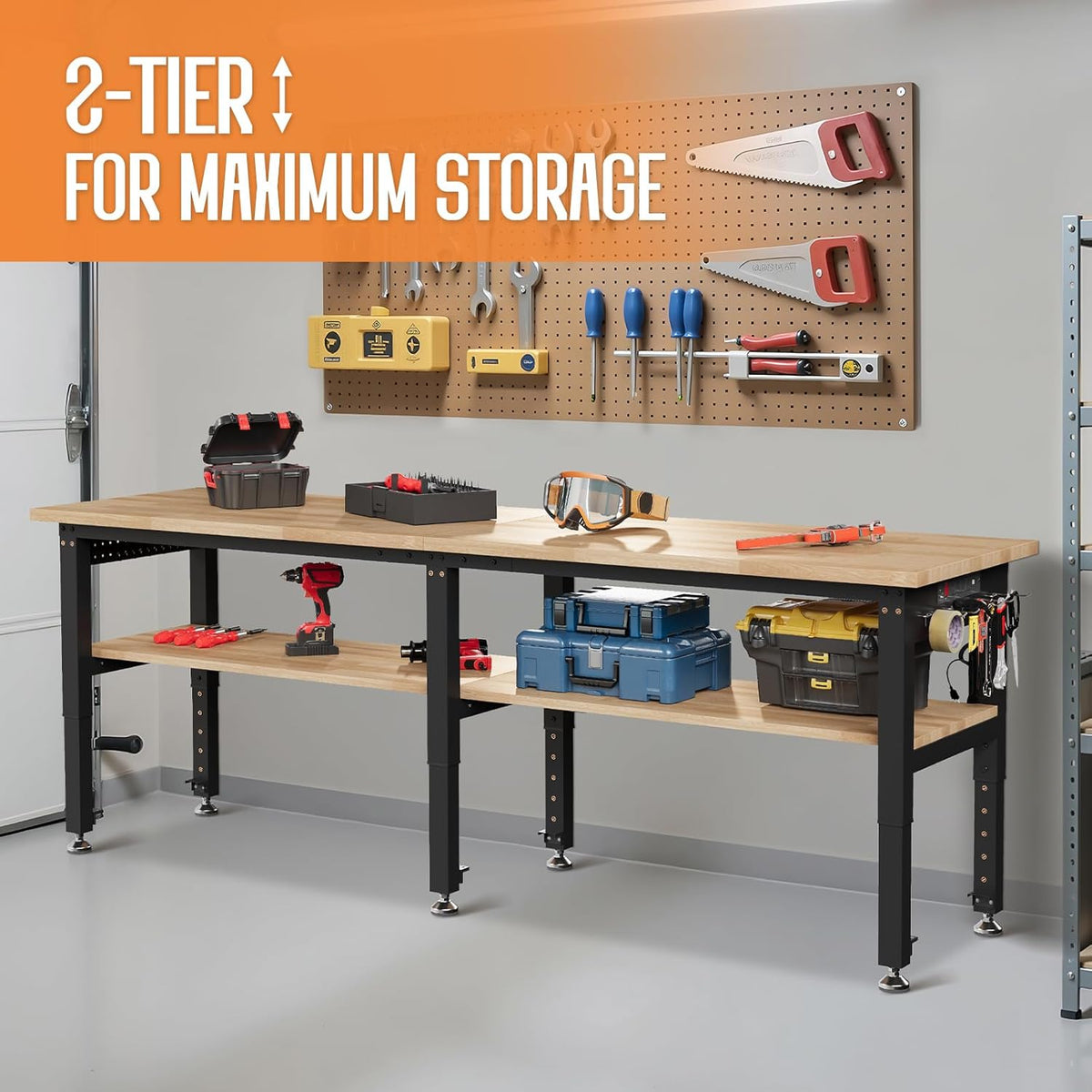 Albott 96" Adjustable 2-Tier Workbench with Solid Wood Top, Max 2000lbs Capacity, Built-in Power Strip with 4 AC Outlets & 2 USB Ports, Pegboard & 20 Hooks, Shop Garage Office