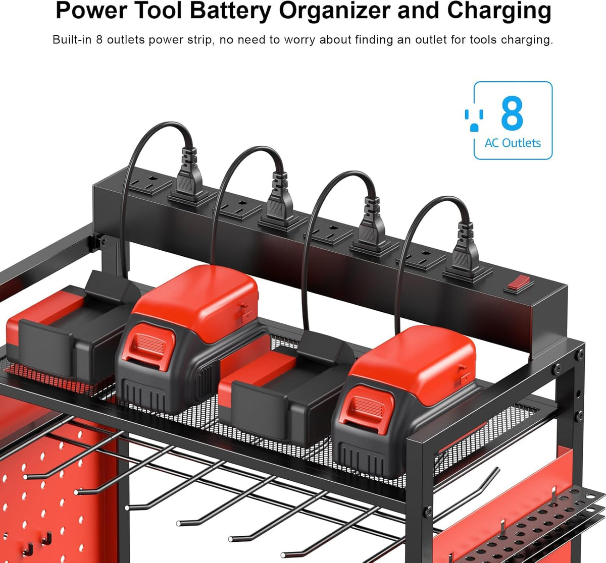 CCCEI Garage Power Tools Organizer Cart with Charging Station, Red Floor Standing Rolling Drill and Tools Battery Storage Cart on Wheels. Utility Rack Gift for Men, Husband, Father.
