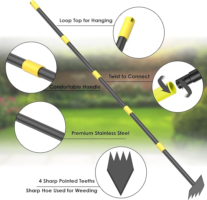 Upgraded Dual Headed Hoe and Cultivator,Garden Hoe with Adjustable Handle for Weeding, Digger, loosening Soil, Sowing Metal Garden Triangles Hoe with Rake Tiller Cultivator (17-73 Inch)