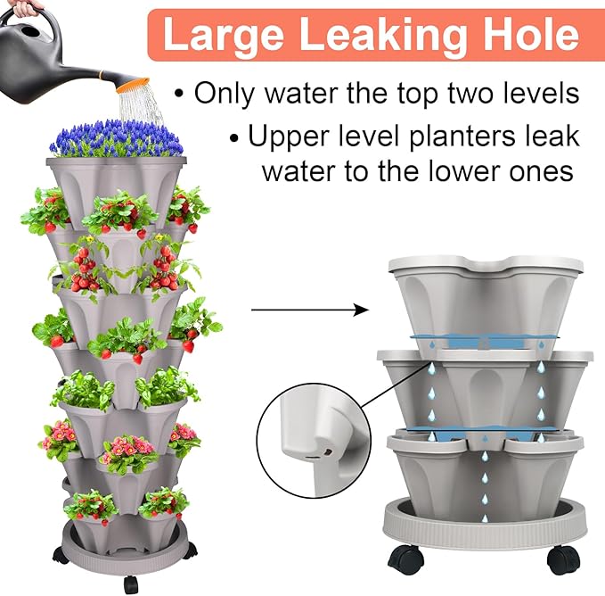 Vertical Planter 7 Tier Stackable Planters Garden Planters Strawberry Herb Flower and Vegetable Planter Indoor Outdoor Gardening Pots with Removable Wheels and Tools
