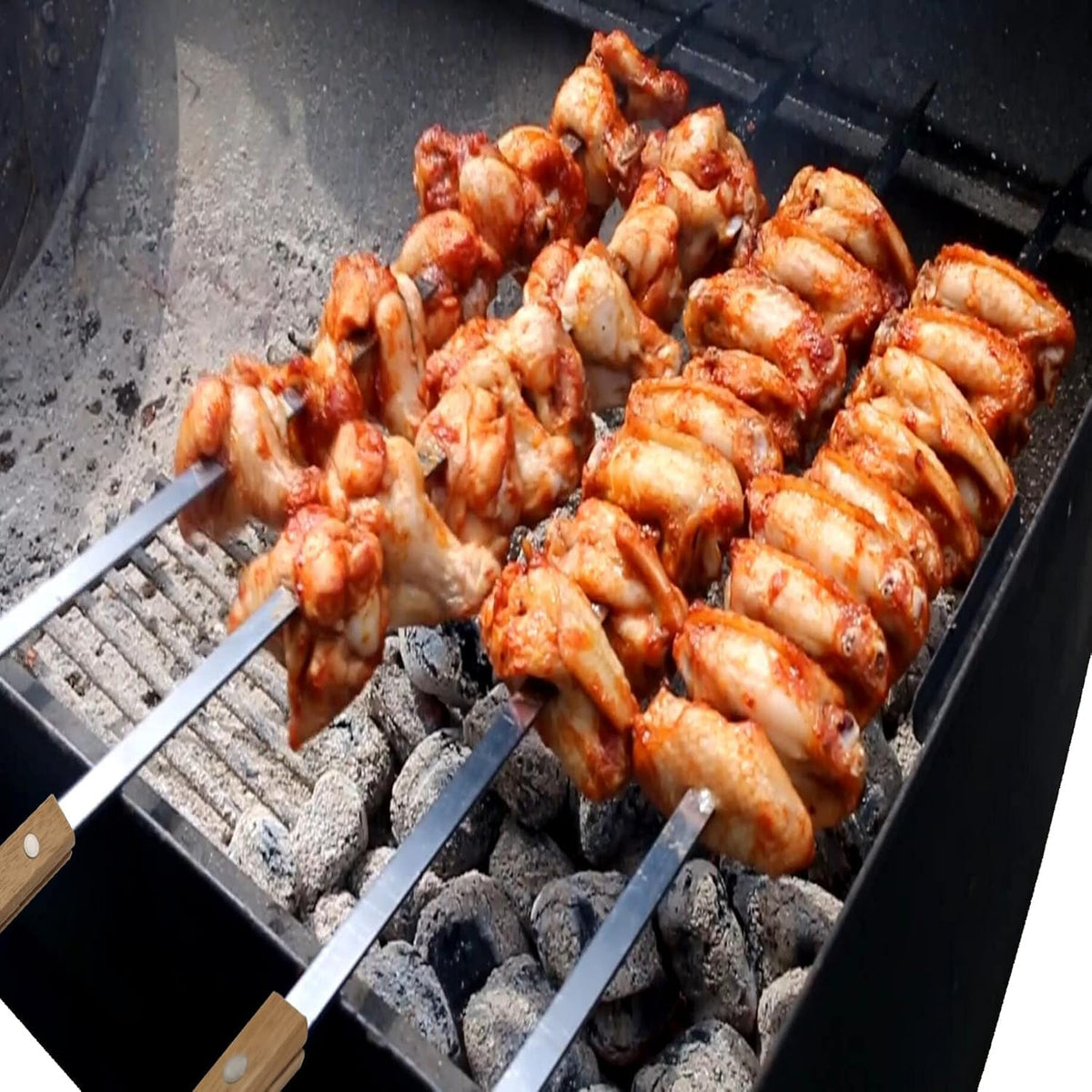 12 Pack Kebab Skewers BBQ Barbecue Skewers Stainless Steel Flat Sticks 22 Inch Heavy Duty Large Wide Reusable with Nonslip Wooden Handle Ideal for Shish Kabob Chicken Shrimp and Vegetables