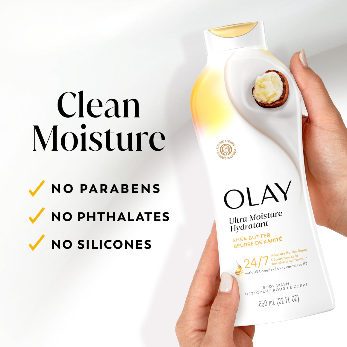 Olay Body Wash for Women, Ultra Moisture, 24hr Moisturizing, Hydrating & Refreshing, B3 Vitamin Complex, Free of Parabens & Phthalates, for All Skin Types, Shea Butter Scent, 22 fl oz (Pack of 4)