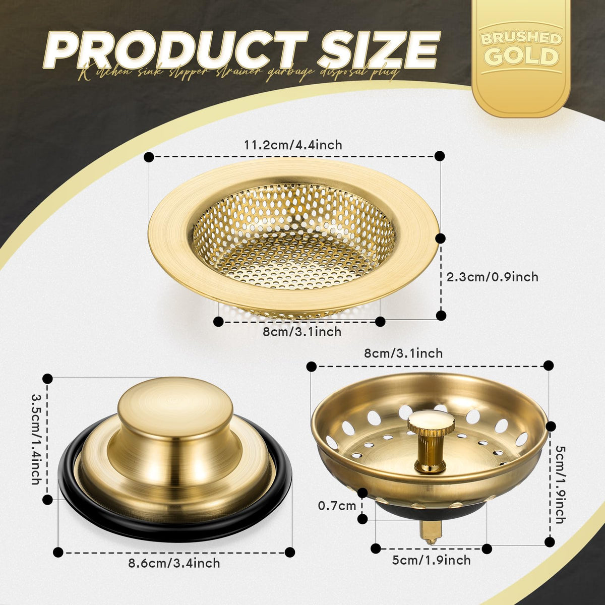 Mudder 3 Pcs Kitchen Sink Drain Strainer and Stopper Stainless Steel Garbage Disposal Plug with Handle Universal Anti-Clogging Kitchen Sink Filter Sieve Basket Strainer(Brushed Gold)