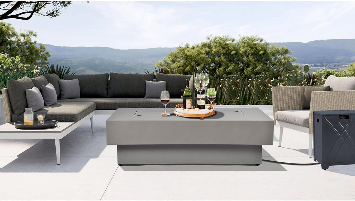 48-inch Fire Table with 20lb Propane Tank Cover, 50,000BTU Outdoor Modern Patio Fire Pit Table w/Rectangular Burner Lid, Glass Rocks, Pre-Attached 10ft External Gas Hose