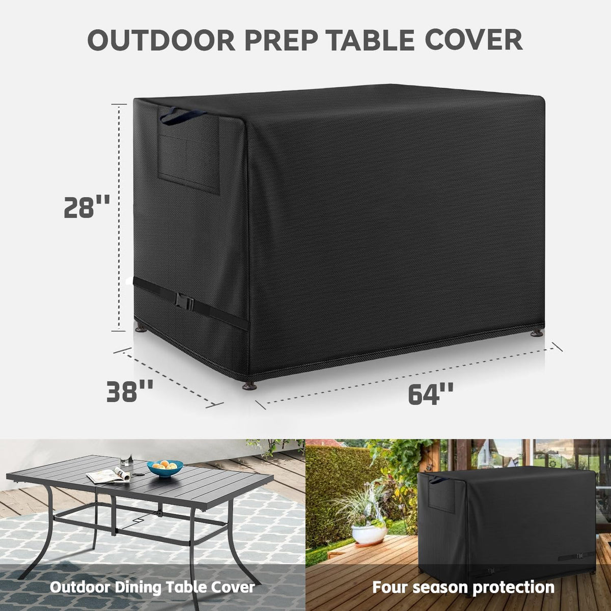 Outdoor Dining Table Cover - Heavy Duty Waterproof Cover for Patio Metal Steel Slat Table, Compatible 64" x 38" Black