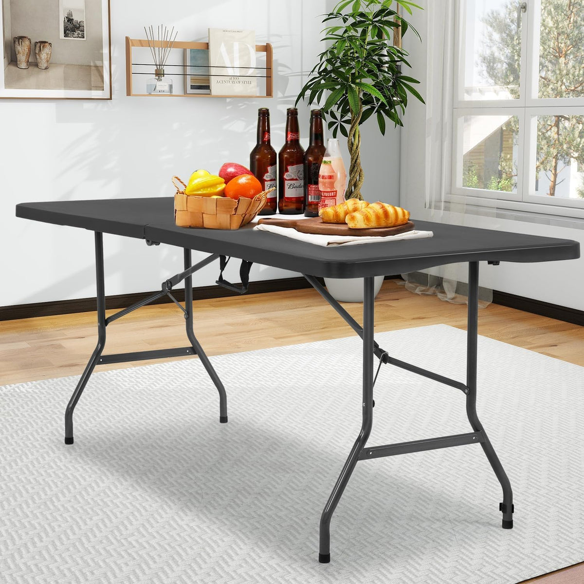 6FT Folding Table, Heavy Duty Plastic Table Portable Fold-in-Half Utility Table Indoor Outdoor Picnic Table w/Handle & Lock for Camping BBQ Party Wedding Market Events, Black