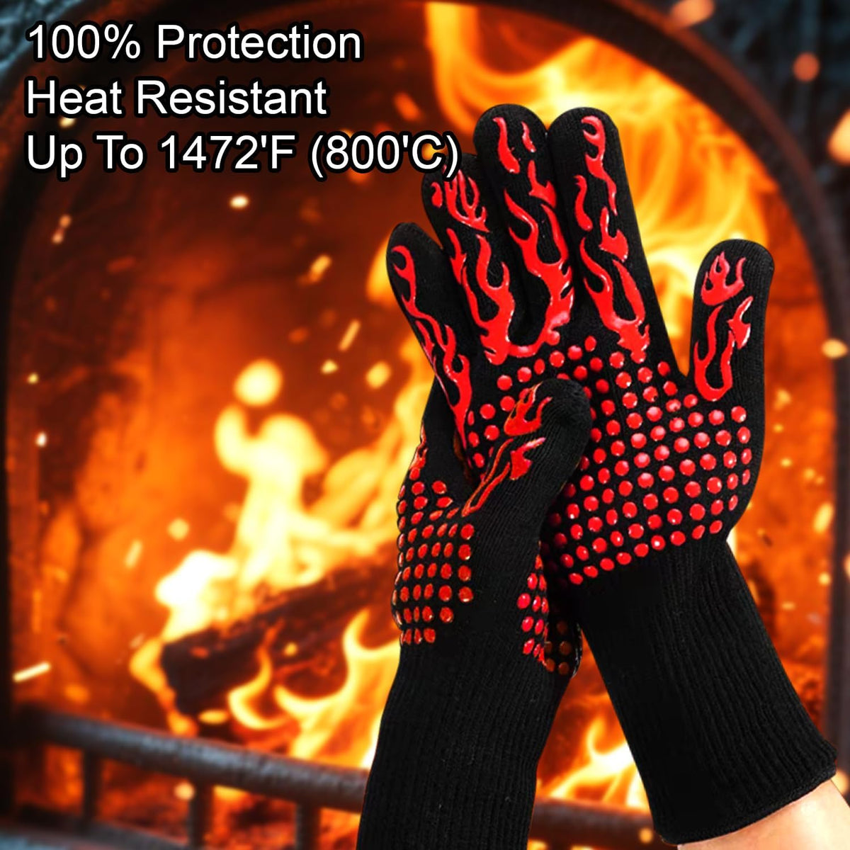 BBQ Gloves Fireproof, 1472°F/800°C F Heat Resistant Grill Cut-Resistant Mitts, Non-Slip Silicone Oven Gloves Long Kitchen Gloves for Barbecue Cooking Baking Cutting