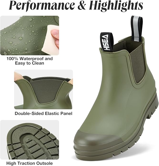 HISEA Women's Short Rain Boots Waterproof Garden Shoes Rubber Chelsea Boots Anti-Slipping Rainboots for Ladies with Comfort Insole Lightweight Stylish Ankle Rain Shoes Outdoor Work Booties
