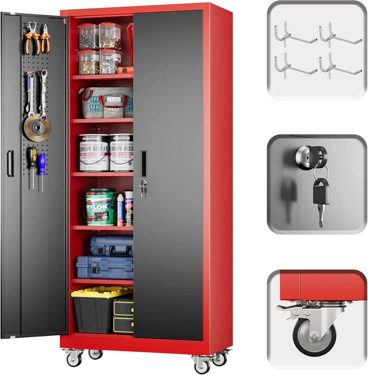 71" H×32" W×16" D Garage Storage Cabinet with Wheels, Locking Metal Storage Cabinet with 5 Adjustable Shelves, 4 Hooks and Pegboard for Garage, Home Office, Kitchen, Black and Red