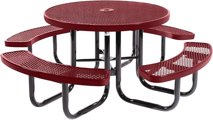 Heavy-Duty Portable Outdoor Picnic Table with Umbrella Hole, Expanded Metal Commercial-Grade Patio Dining Furniture Made in America (46" Round Top, Burgundy)