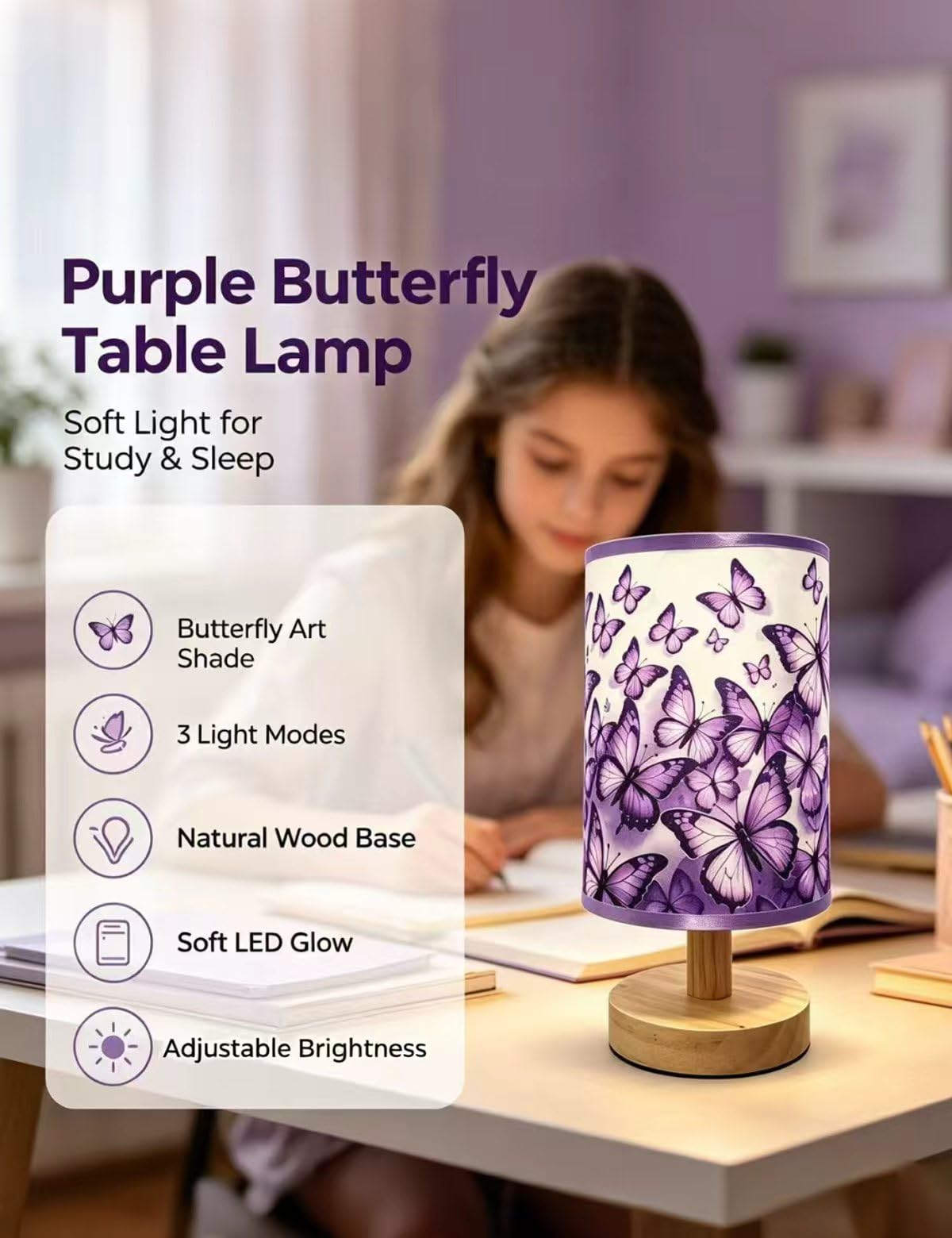 Butterfly Lamp, Girls Lamps for Bedroom 3 Colors Dimmable Nightstand Light