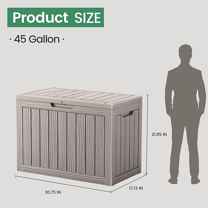 45 Outdoor Storage Box, Waterproof Resin Deck Box with Side Handles, Lockable Outdoor Bench for Indoor & Outdoor Use, Storage Bin for Patio Cushions, Garden Tools, Package Delivery, Grey