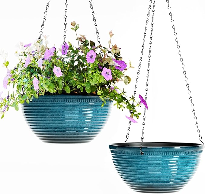 2 Pack Hanging Planters for Indoor Outdoor Plants, 10 Inch Hanging Planter with Drainage Hole & Plug Glazed Hanging Baskets Flower Pots for Garden Home (Blue)