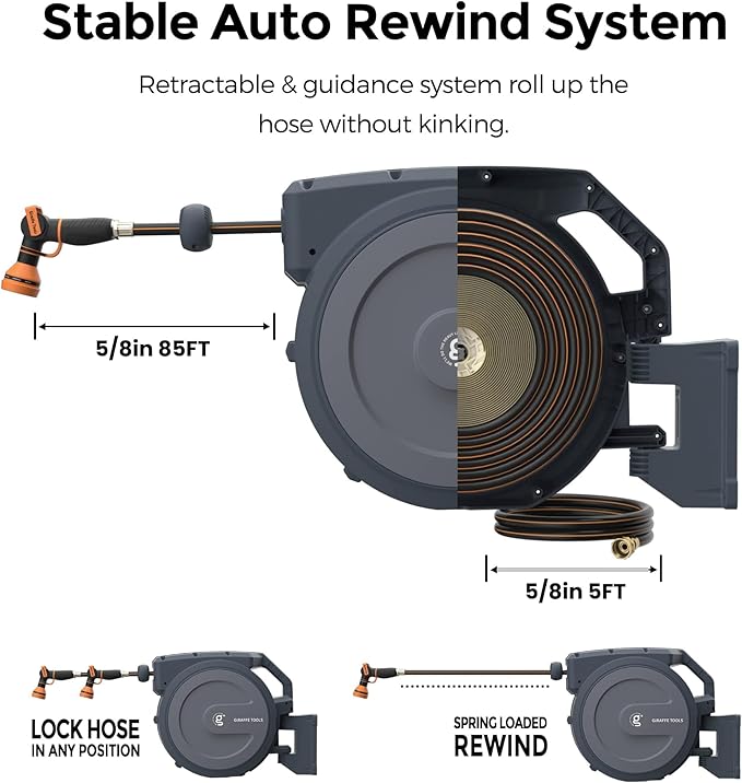 Giraffe Tools AW405/8MB Retractable Garden Hose Reel 5/8" x 90 ft PRO Metal Bracket, Heavy Duty, Any Length Lock Hose Reel, 90ft, Dark Grey