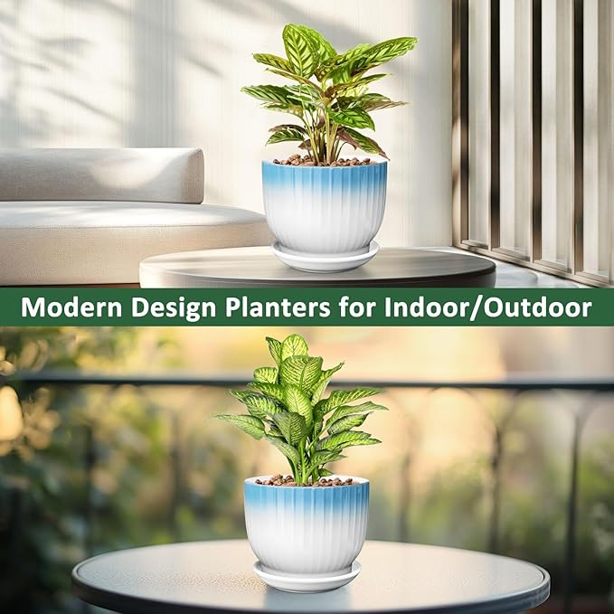 8 Inch Plant Pot, Ceramic Planter with Drainage and Saucer, Ceramic Pots for Plants, Indoor Plant pots,Ceramic Flower pots(Blue + White, Plants NOT Included)