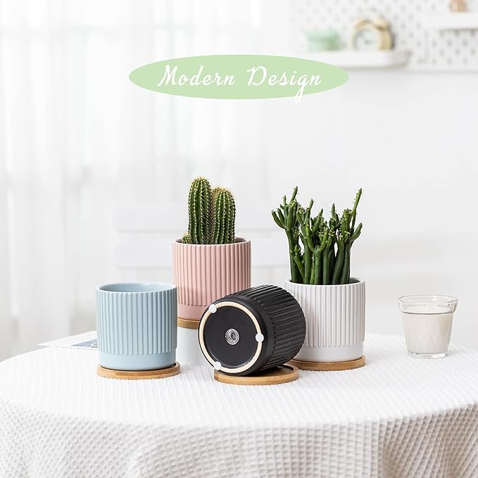 AOMRYOM 4.25 Inch Ceramic Plant Pots with Drainage Holes and Trays, Small Flower Planters Home Decor for Indoor Plants, Succulents, Cactus, Herbs, Multi-Color Stripe, 4 Packs (Plant Not Included)