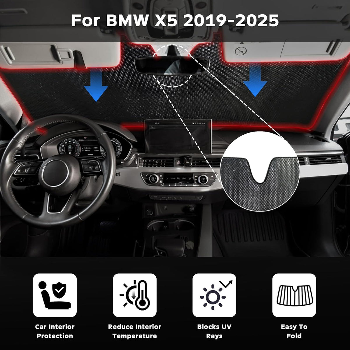 Windshield Sun Shade for BMW X5 2019-2025 - 5-Layer Bubble Foldable Front Window Shade Sun Visor Accessories - Blocks Heat & UV Rays