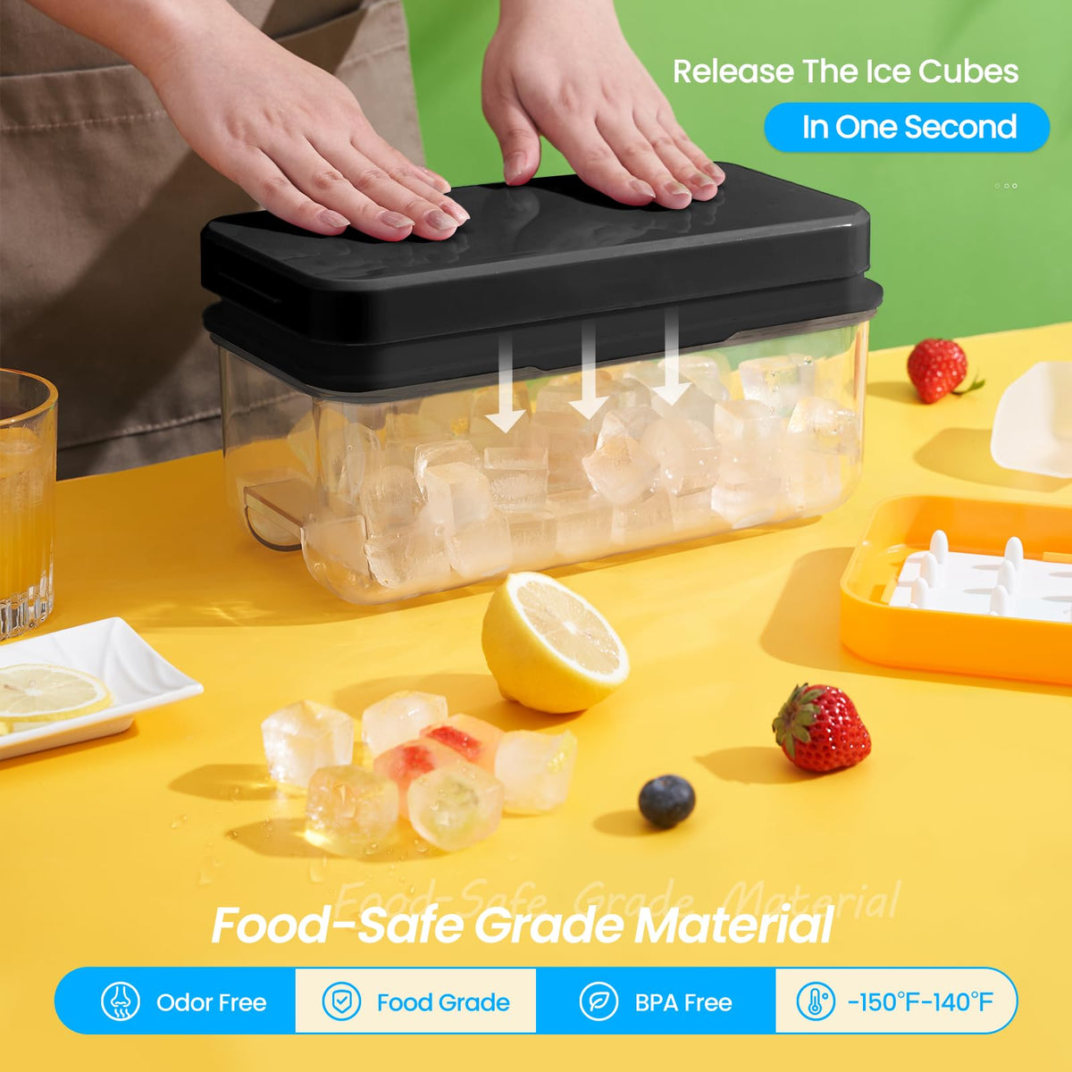 PHINOX 1" Ice Cube Tray with Lid and Bin, Easy Release 96 Cubes for Freezer
