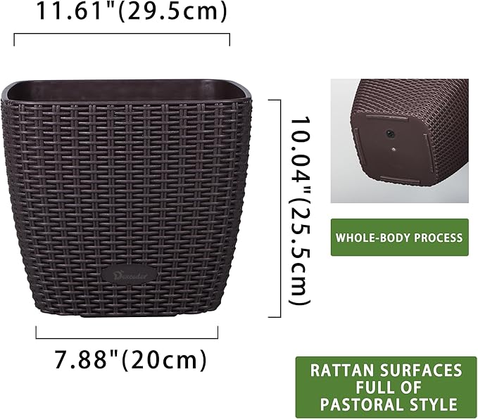 Dexceder 11x10 Self Watering Planter Indoor Outdoor, Inner Mat Design, Thickened Table Flower Plant Pot with Water Level Indicator (Brown Rattan)
