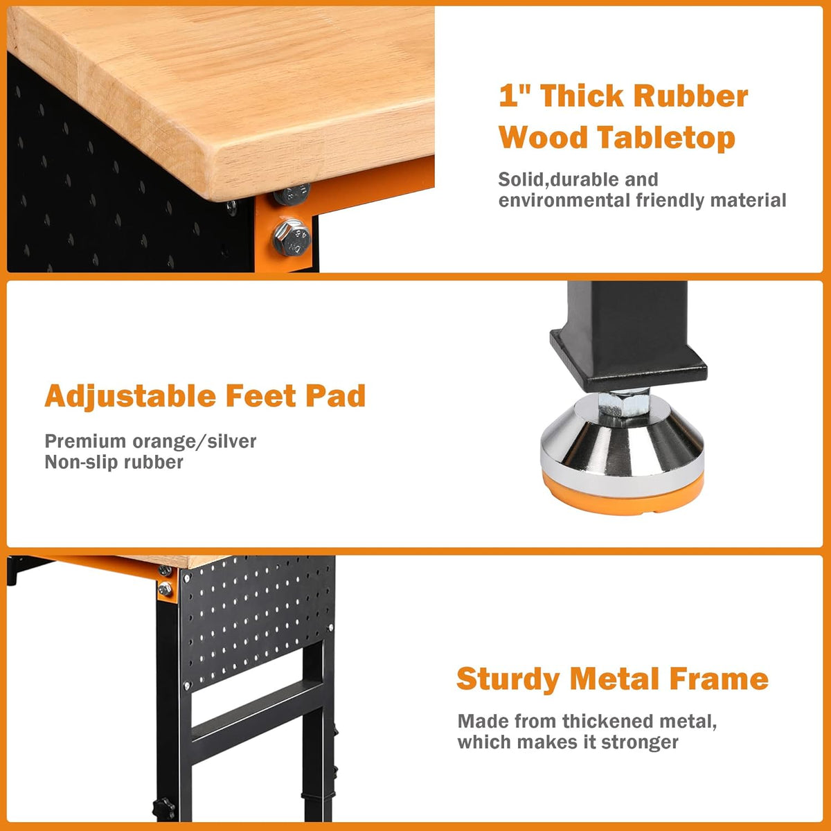 60" Heavy-Duty Adjustable Workbench for Garage, Rubber Wood Shop Table W/Double Pegboards & Drawer,Hardwood Workstation Weight Capacity Over 2000 Lbs