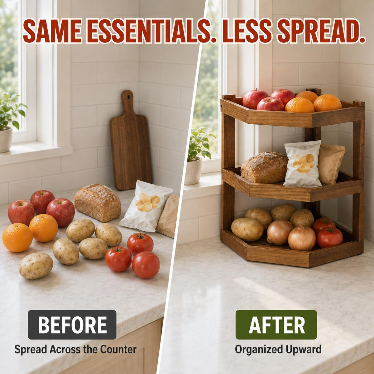 3-Tier Fruit Basket for Kitchen Counter, Corner Wood Stand, Removable Tray