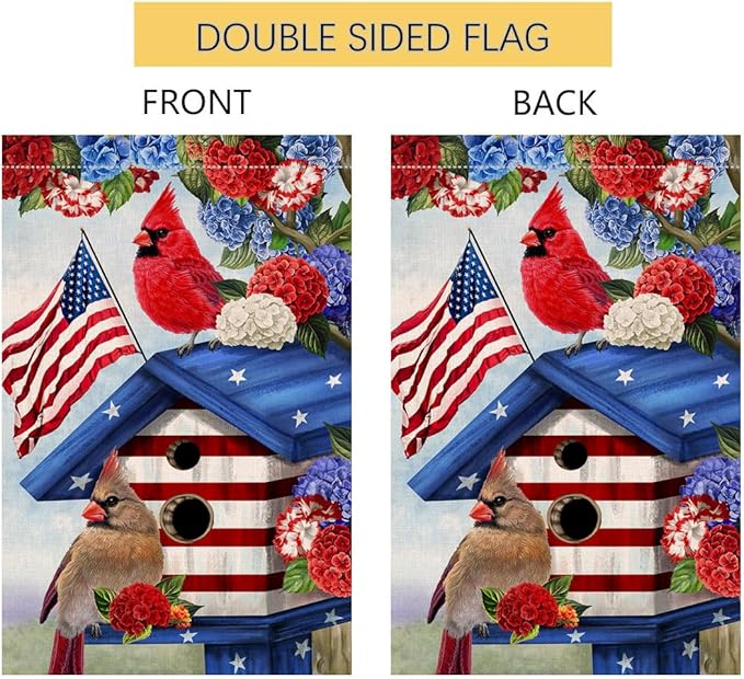 BLKWHT 4th of July Cardinal Bird Garden Flag 12x18 Vertical Double Sided Red Blue Floral Memorial Day Independence Day Holiday Outside Decorations Burlap Yard Flag BW824