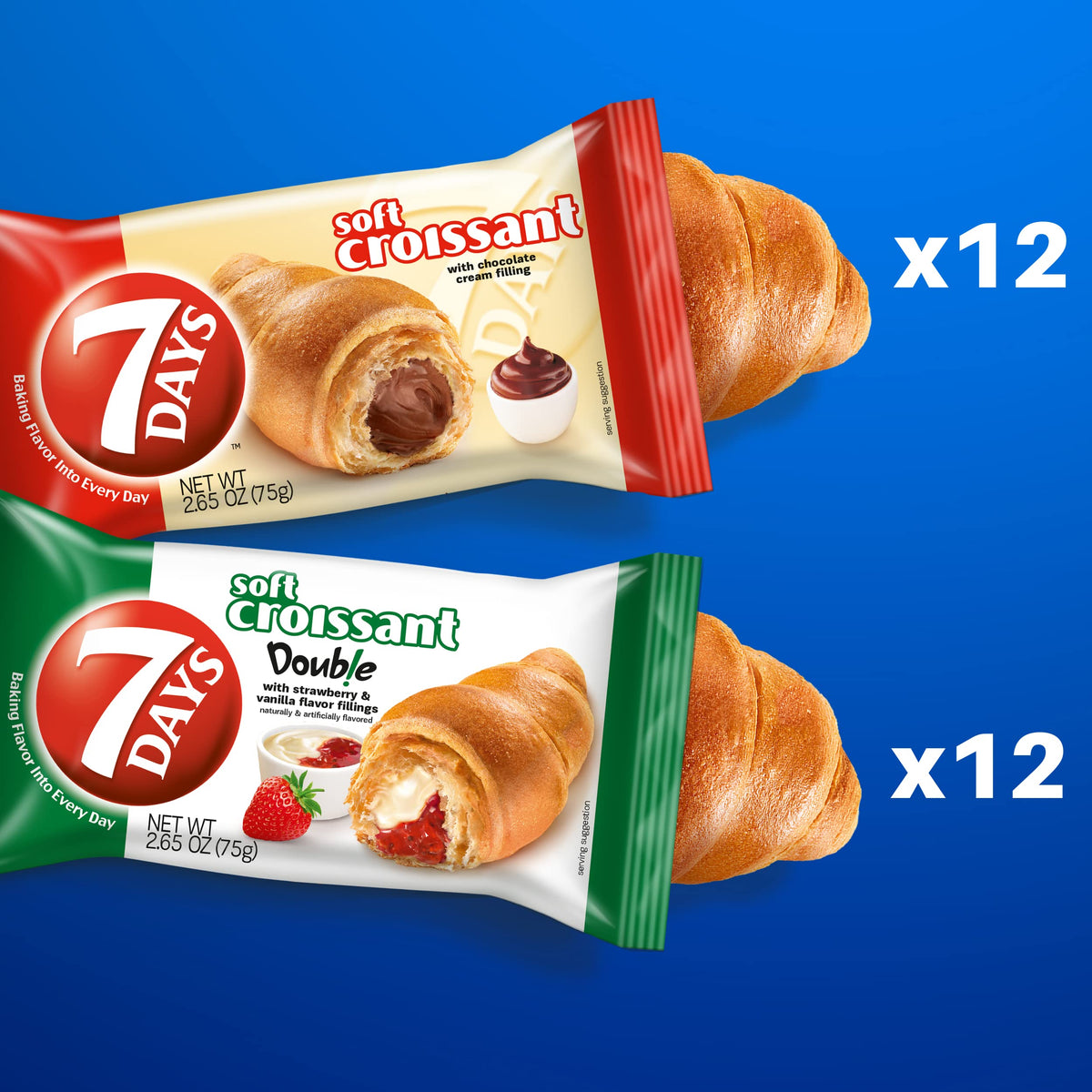 7 Days Soft Croissant Variety Pack (24 Count) – 12 Chocolate & 12 Strawberry Vanilla – Individually Wrapped On-The-Go