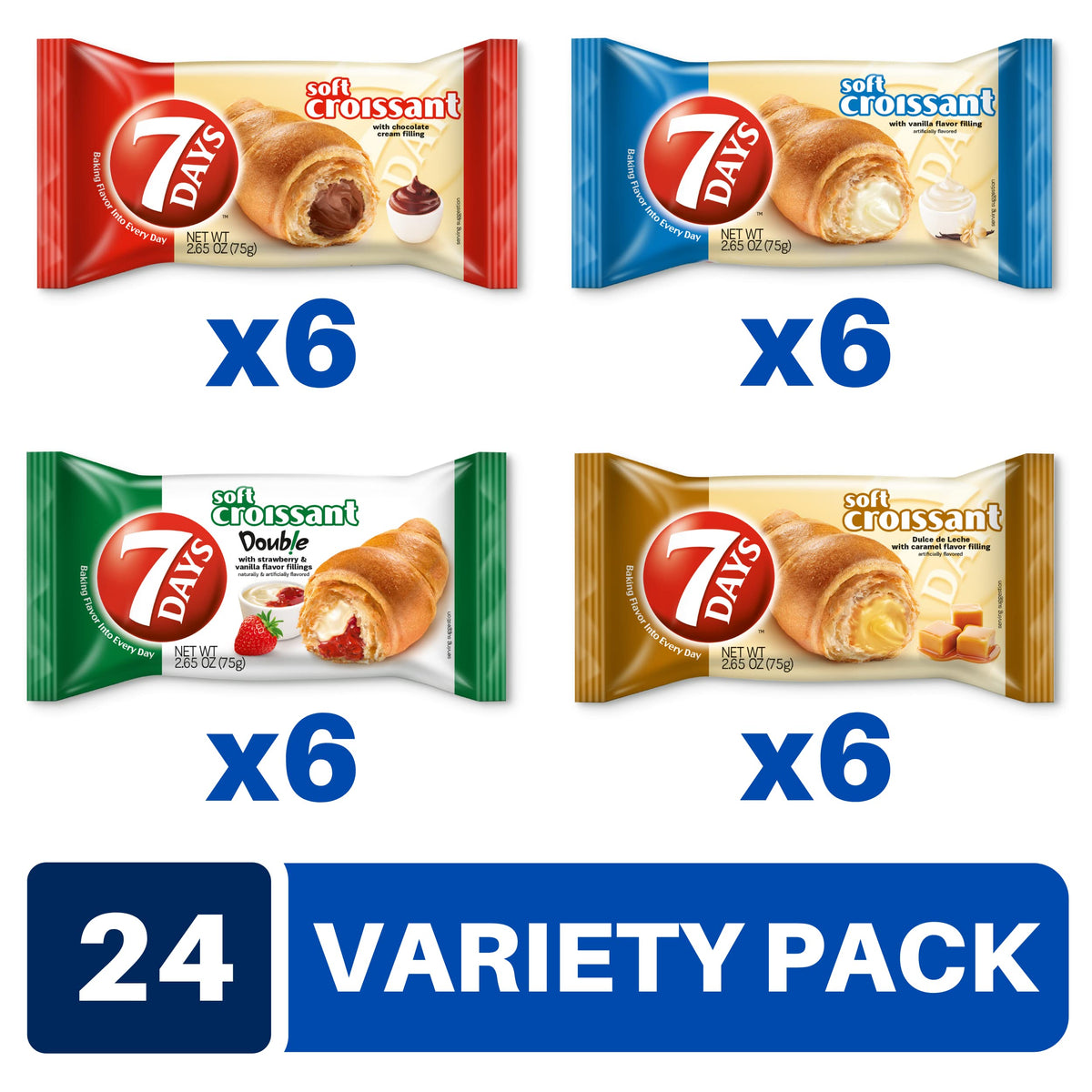 7 Days Soft Croissant Variety Pack (24 Count) – Chocolate, Vanilla, Strawberry Vanilla & Caramel