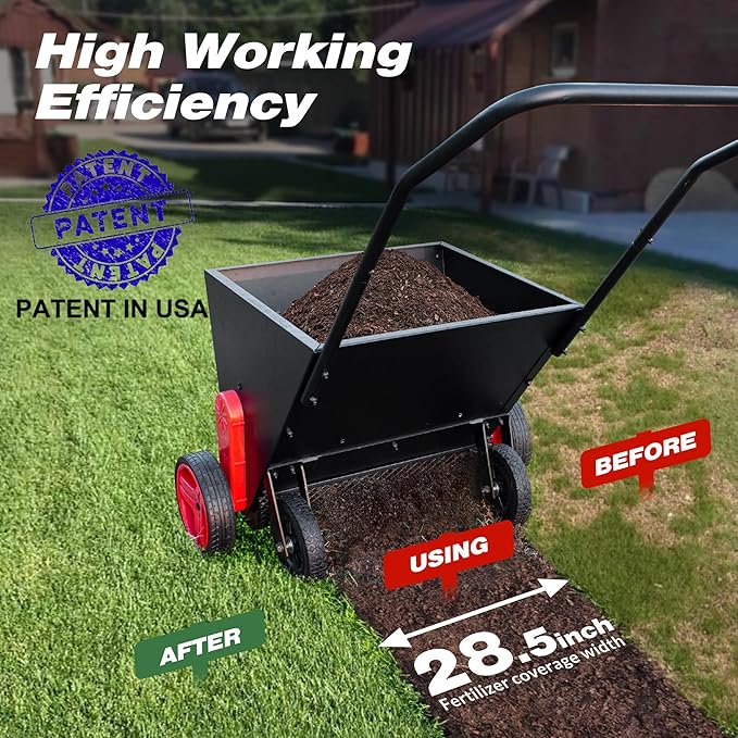 Suchtale Upgrade Push Lawn Spreader for Compost & Peat Moss, Organic Fertilizer Applicator with Rotating Blades, Adjustable Rate Metal Mesh Basket Topdresser