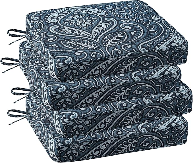 Outdoor Square Corner Seat Cushion, 19"x19"x3", Set of 4, Non Slip Seat Cushion Pads with Removable Cover for Patio Furniture, Garden Yard Lawn, Damask Vine