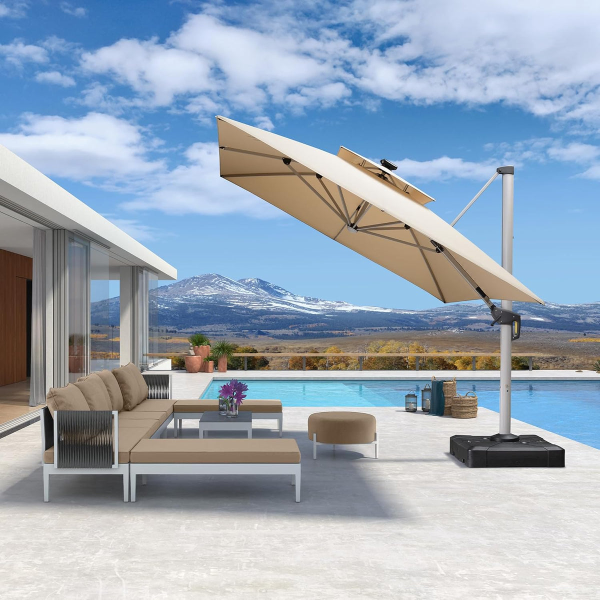 PURPLE LEAF 10' X 13' Double Top Deluxe Solar Powered LED Rectangle Patio Umbrella Offset Hanging Umbrella Outdoor Cantilever Umbrella, Beige