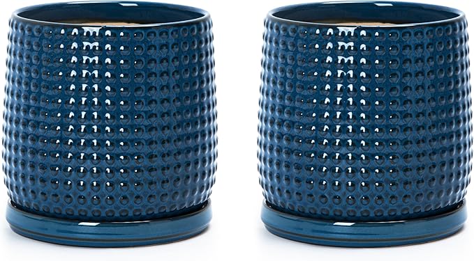 D'vine Dev Set of 2 Ceramic Plants Pots, 6 Inch Beaded Stoneware Flower Pot for Plants with Drainage Hole and Saucer, Midnight Blue, 27-E-X-3