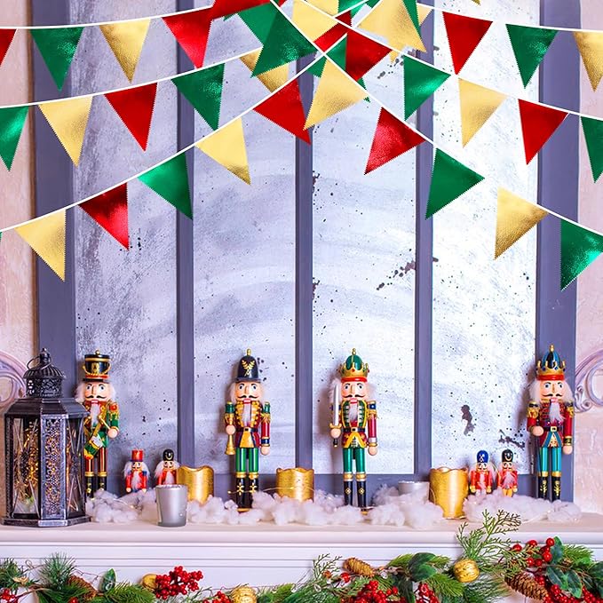 Christmas Party Decorations Triangle Pennant Banner Flag Red Green Gold Metallic Fabric Bunting Garland for Xmas Holiday Wedding Bridal Shower Birthday Bachelorette Graduation New Year Party Supplies