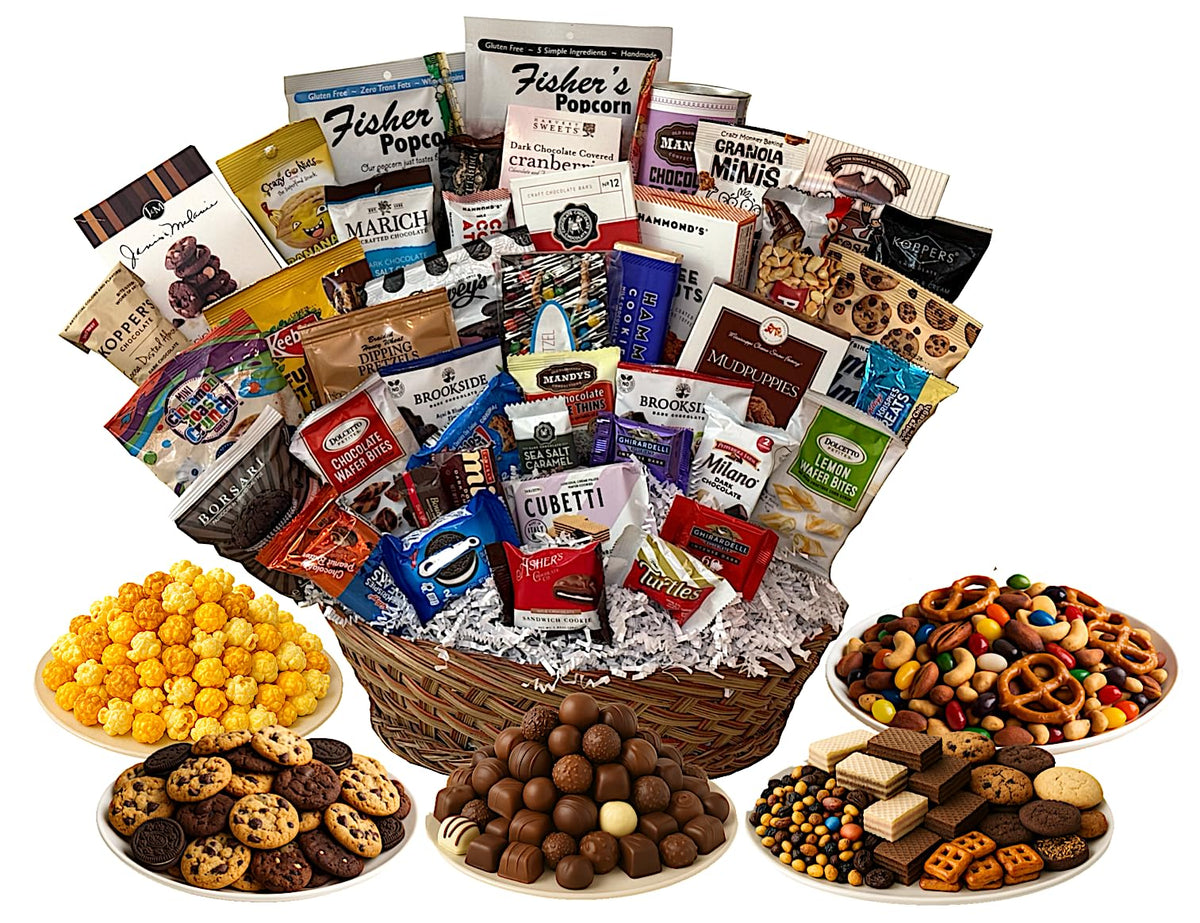 Customizable Gift Basket stuffed with chocolates cookies snacks and candies by MISTERGIFTBASKET.COM Hand-crafted for women men client sympathy