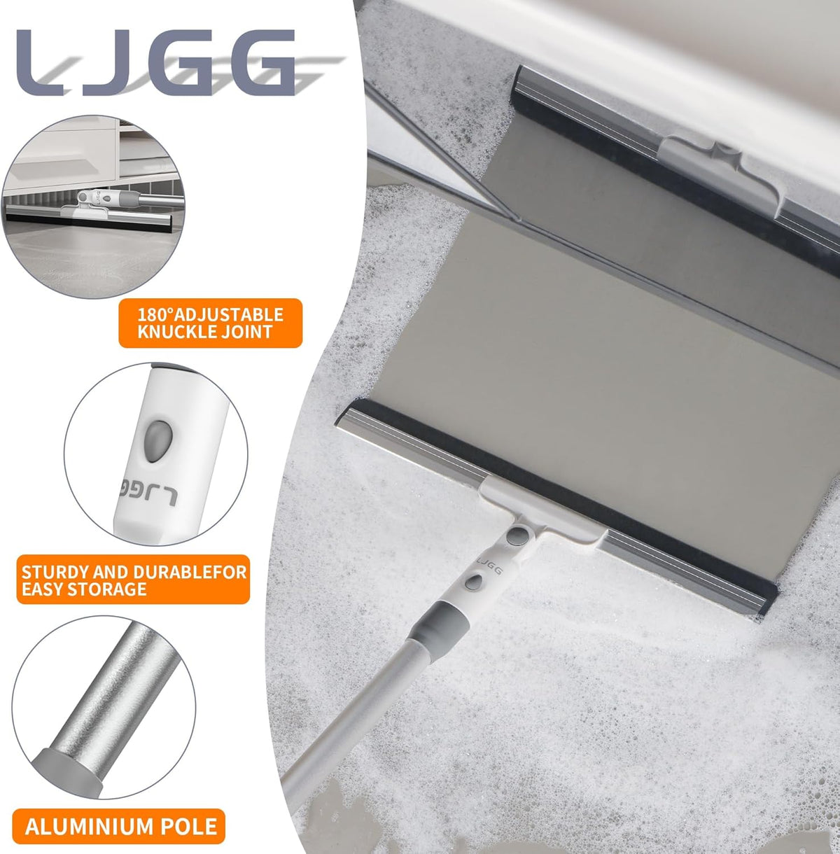 Squeegee Broom for Floor, 13.78" Rubber Squeegee with 51" Aluminum Alloy Pole for Bathroom Tile, Garage Concrete, Deck, Shower Glass, Window Cleaning, Squeegee Broom for Household Floor