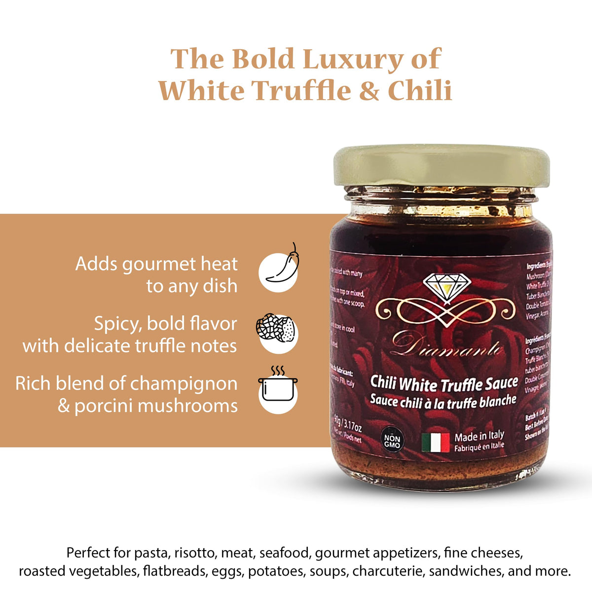 Diamante Italy Chili Truffle Sauce with White Truffles - Hot Sauce for All Cuisines - Authentic Italian Gourmet White Truffle & Mushroom Hot Sauce