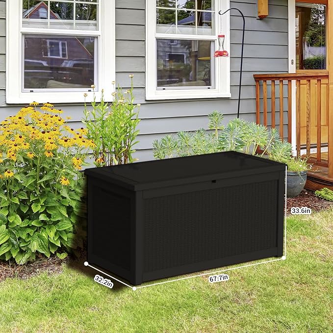 DRATO 260 Gallon Deck Box, Outdoor Large Waterproof Resin Storage Box with Lockable Lid for Patio Cushions, Gardening Tools, Sports Equipment, Black