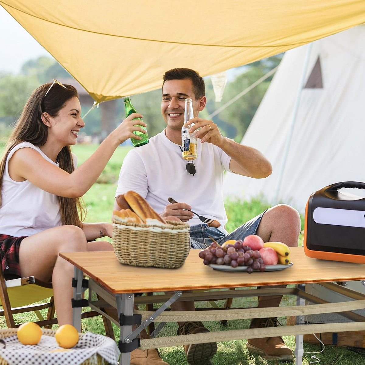 Bamboo Folding Camping Table 4 Folds with Adjustable Aluminum Legs Portable Picnic Table with Storage and Carry Bag for Outdoor Hiking Beach 3-5 Person