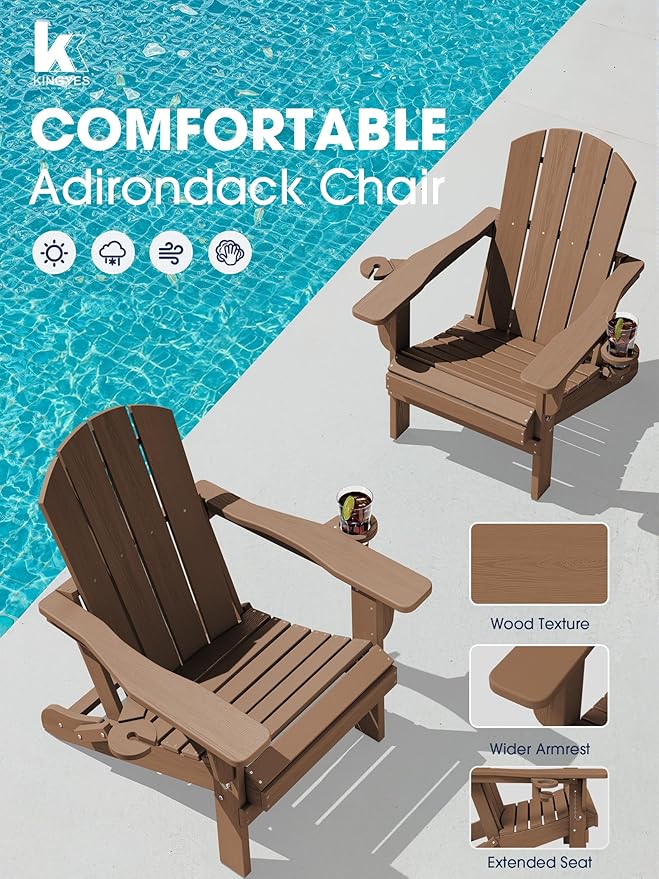 KINGYES Folding Adirondack Chair Set of 4, Dual Cup Holders & All-Weather HDPE, Wood-Like Patio Chair for Backyard, Camping, Pool & Fire Pit, Brown