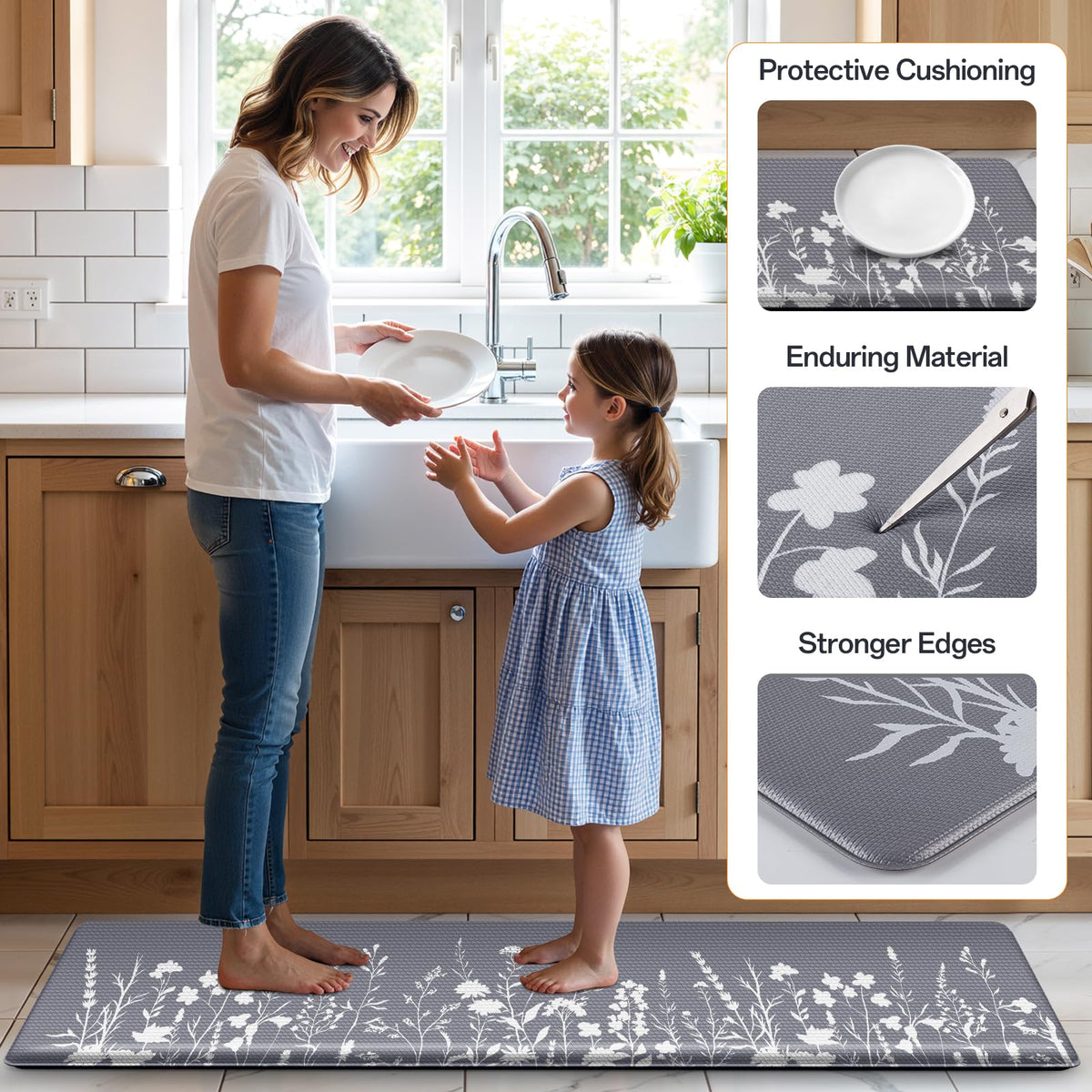 SofterCharm Kitchen Mats for Floor, 2-Piece Anti-Fatigue Kitchen Rugs, Grey