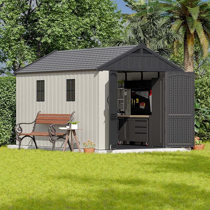 Patiowell 8 x 12 FT Plastic Outdoor Storage Shed with Floor, Resin Shed with Window and Lockable Door for Garden, Backyard, Tool Storage Use, Easy to Install in Beige (Kick-it Shed)